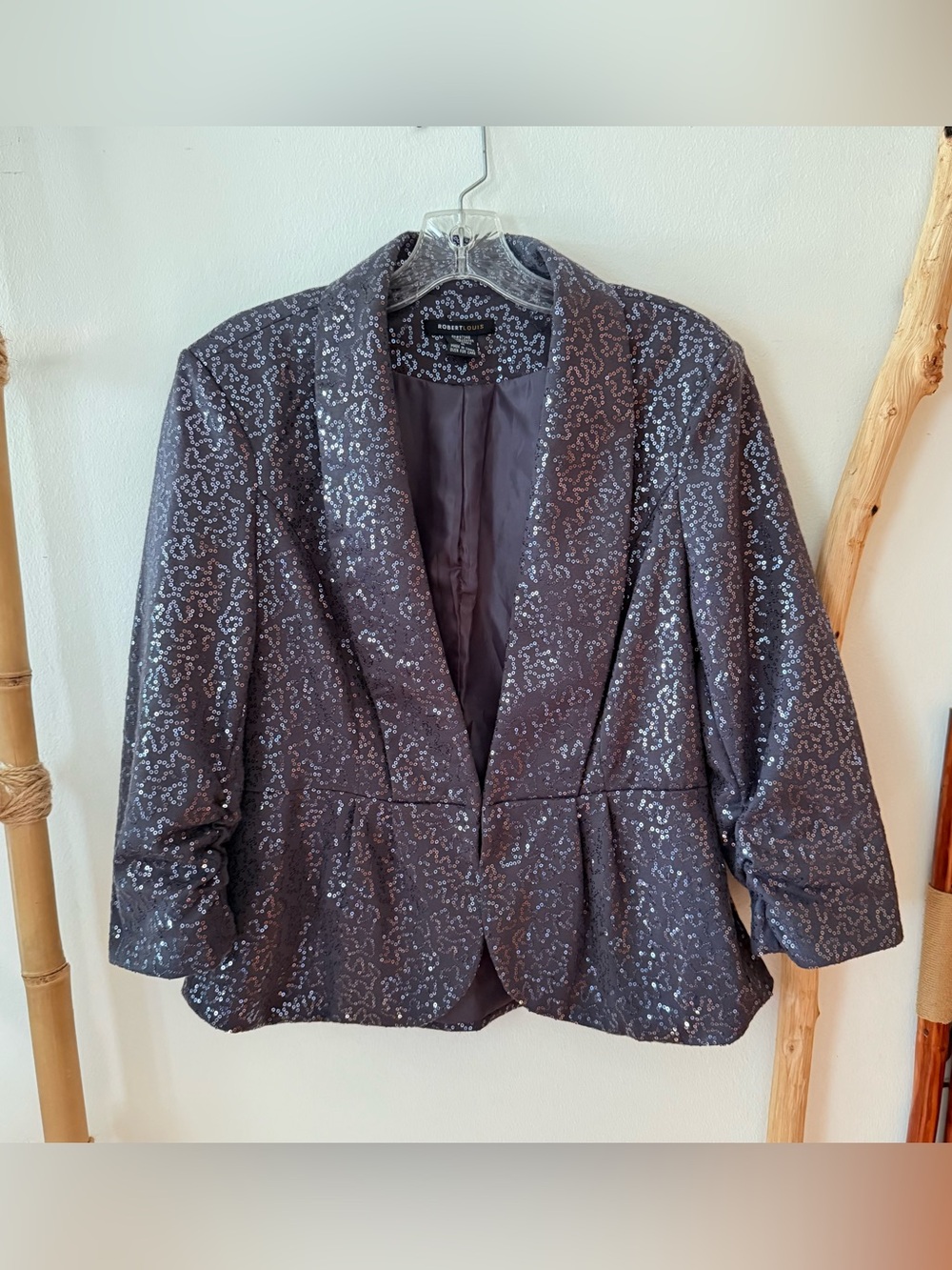 Robert Louis Size M Gray, Silver Sequin Blazer Jacket #glam #party, 3/4 sleeve